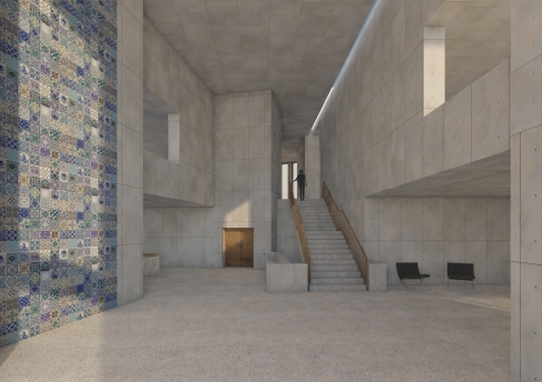 Entrance foyer perspective showing staircase to studios